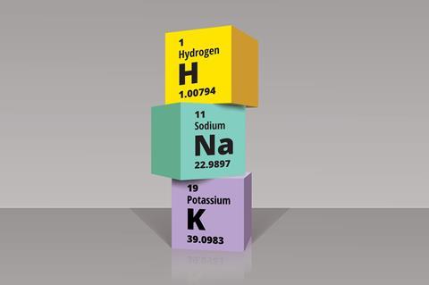 An image showing three stacked cubes which correspond to periodic table elements (hydrogen, sodium and potassium)