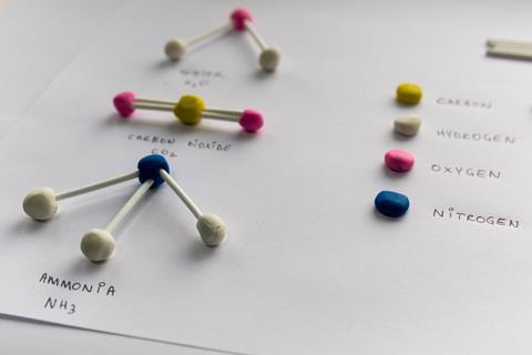 A picture showing molecular models built out of plasticine and cotton buds 