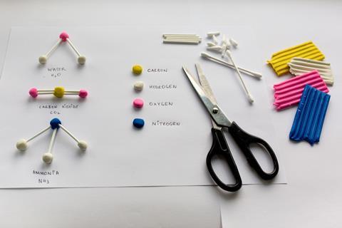 A picture showing molecular models built out of plasticine and cotton buds, with scissors and spare materials