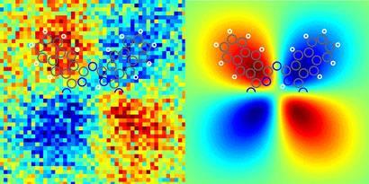 The positive and negative charged arms of X-shaped naphthalocyanine can be clearly seen, and compare well with theoretic charge distribution images
