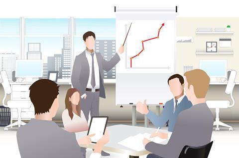 A graphic image showing four salespeople around a desk, one pointing at a graph
