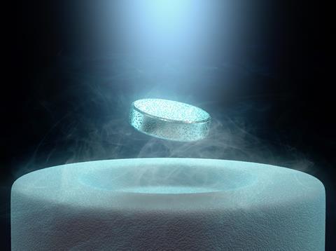 A magnet levitating above a high-temperature superconductor, cooled with liquid nitrogen