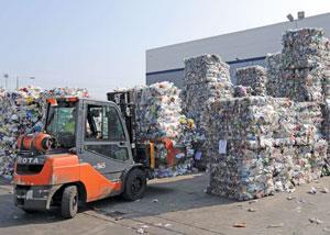 Plastic waste at a recycling plant