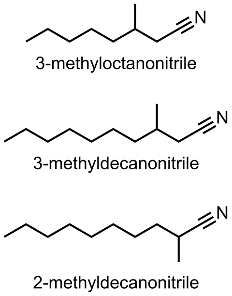 An image illustrating the structural formulas for three bleach-stable aliphatic nitrile components