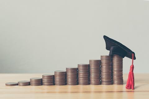 A conceptual image showing piles of coins ascending from left to right, the last one has a toy mortar board on it; demonstrating the increase in salary following graduation