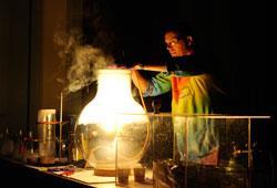 A chemistry experiment with a large steaming flask