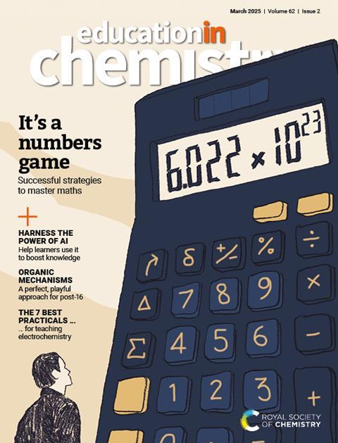 The EiC March 2025 issue cover, with a male student looking at a large scientific calculator.