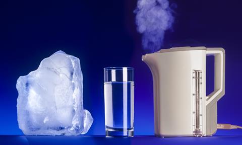 An image illustrating the states of matter: a block of ice, a glass of water and a kettle boiling