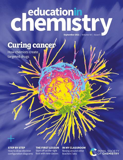 Education in Chemistry_September 2021_Cover: blue with a colourful illustration of cancer DNA