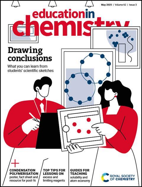 The EiC May 2025 issue cover, with a person holding a drawing and another holding a pen and paper. There are other chemical drawn representations in the background.