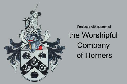 The crest of the Worshipful Company of Horners and featuring a ram at the top with a narwhal horn sitting on a large knight's helmet above a black and white shield. Text says Produced with support of the Worshipful Company of Horners.