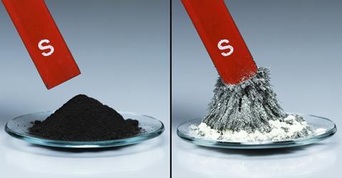 Two photos showing the difference in reaction to a magnet between a compound of FeS and a mixture of iron and sulphur 