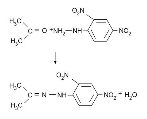 A structural diagram illustrating the reaction between propanone and dinitrophenylhydrazine