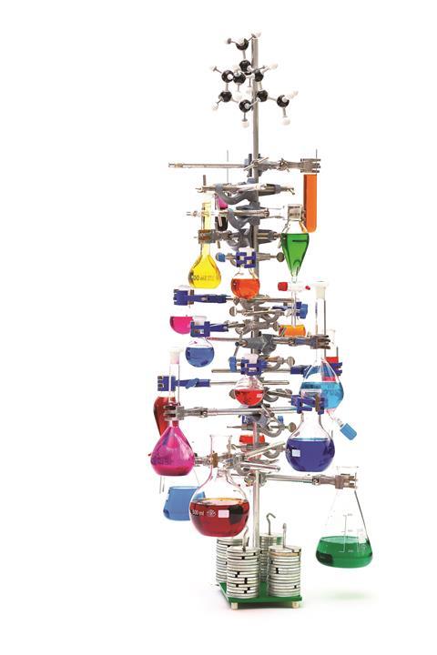 A chemistree, a 'Christmas' tree created using chemistry lab equipment, using flasks of coloured solutions as the decorations