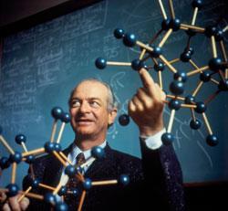 Linus Pauling demonstrating his early research focused on the nature of the chemical bond