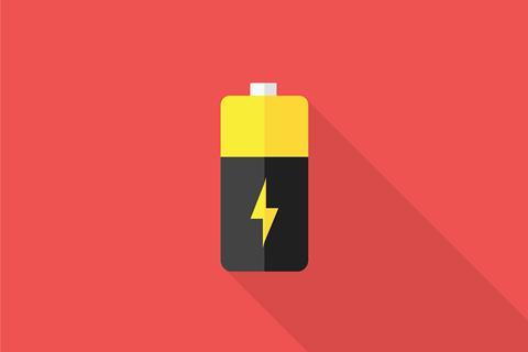 Cartoon black and yellow battery on red background with lightening symbol 