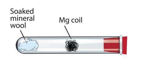 Diagram of a stoppered test tube containing mineral wool soaked in water and coiled magnesium ribbon