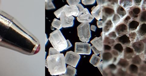 Three close up photos - a ball point pen, some salt crystals and a pock-marked stone