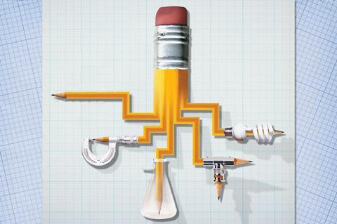 An illustration of a pencil split into different science items including a clamp, a conical flask and an energy saving lightbulb