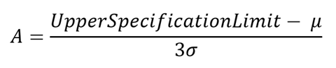 An image illustrating one of two formulas for calculating process performance, in this case using the upper specification limit
