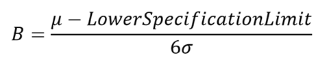 An image illustrating one of two formulas used for calculating process performance, in this case using the lower specification limit