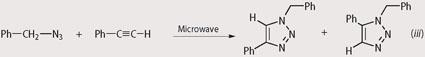 The reaction of phenylethyne with benzyl azide to form 1-benzyl-4-phenyl-1,2,3-triazole and 1-benzyl-5-phenyl-1,2,3-triazole