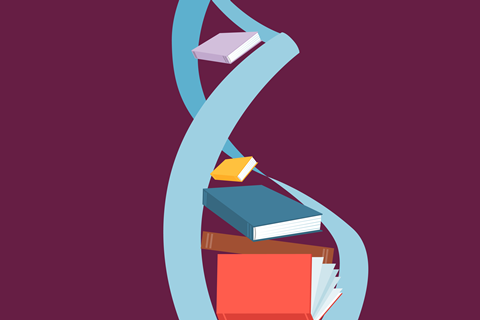 A graphic image showing a DNA spiral around a pile of books to symbolise a foundation in science (chemistry) learning