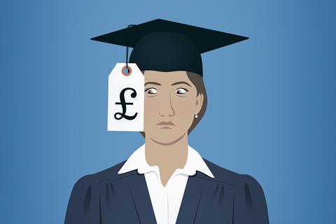 An illustration showing a female graduate terrified while looking at the price tag attached to her mortarboard