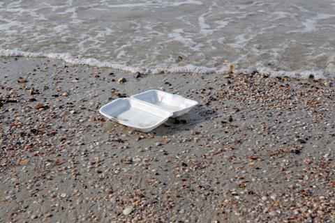 A discarded polystyrene takeaway container on a beach