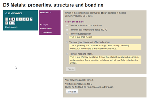A screenshot of a student attempting to answer a question on metal properties