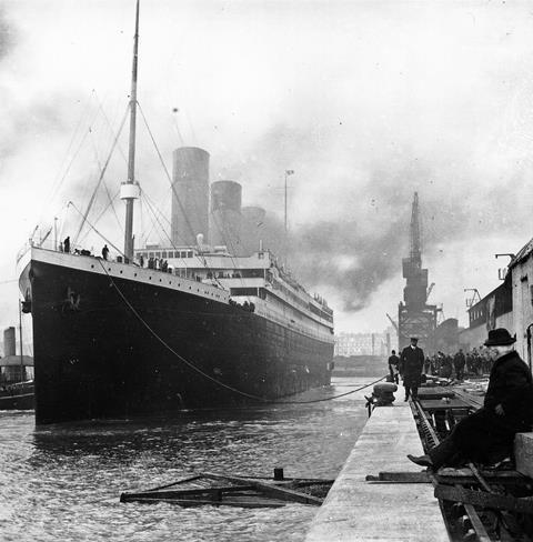 Titanic at Southampton docks, prior to departure seen from the bow