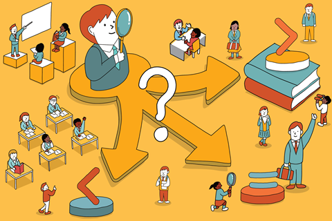 A cartoon of a oversized school student choosing between answers to a question. Around him are smaller students and teachers in lessons and walking around.