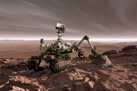 Curiosity rover exploring the arid Martian landscape