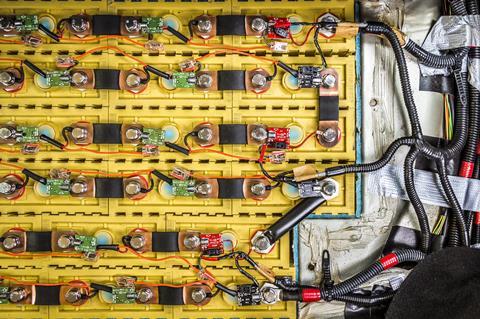 A photo of rechargeable battery pack installed in the electric car