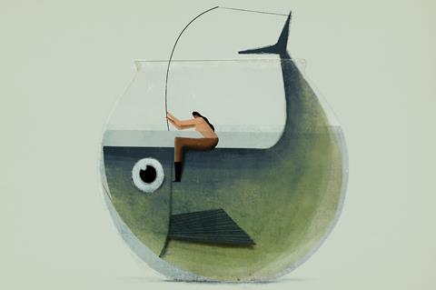 An illustration of a woman with a fishing rod sitting on a giant fish in a giant fish bowl.