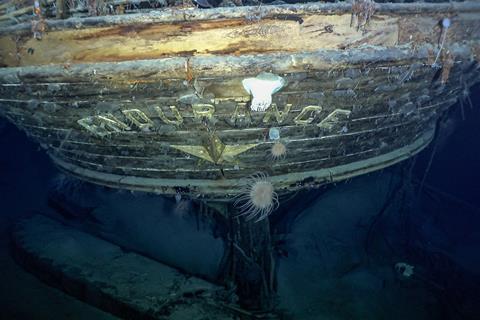 The name Endurance on an underwater wooden shipwreck