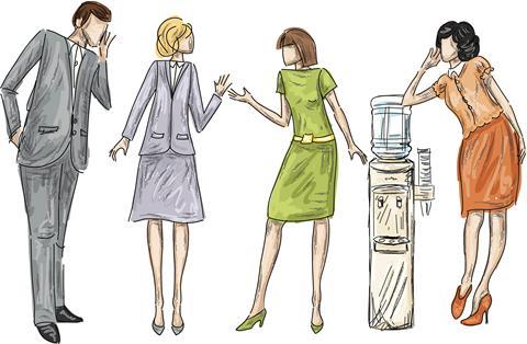 Stylised sketch of four people around a watercooleer