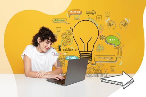A woman sits at a table using a laptop and smiling against a plain yellow background. To her right are a number of illustrations, including a lightbulb, cogs turning, a pile of books, and several words, including