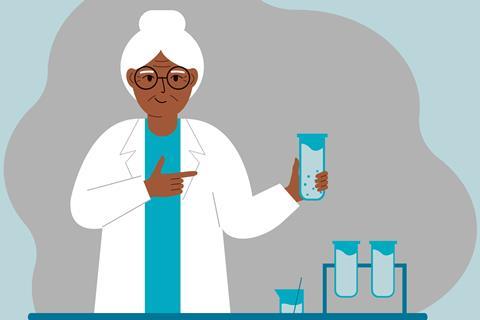 Cartoon of an elderly woman in a lab coat pointing at test tubes in a quizzical manner