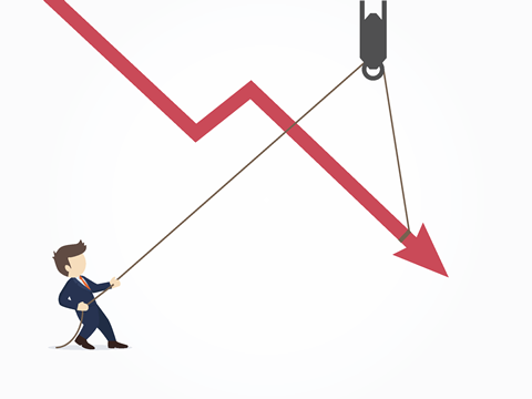 Cartoon man reversing a downward arrow trend using a pulley system