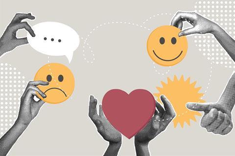 Hands holding symbols: three dots, smiley face, neutral thumbs, heart and sad face; halftone collage style