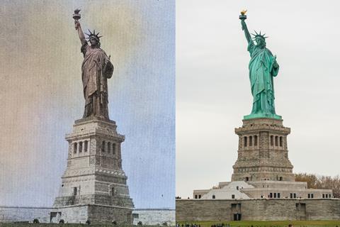 A side by side comparison of the Statue of Liberty in its original copper and in current green