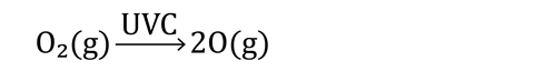 A chemical equation showing how UVC breaks down oxygen gas into two oxygen atoms
