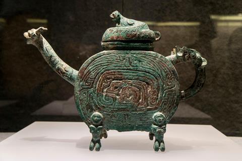 An ancient Chinese bronze teapot