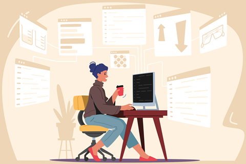 A cartoon of a woman working at a desktop computer she is surrounded by interconnected windows from her screen including some spreadsheets and chemistry teaching images