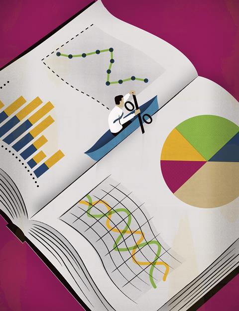 An illustration showing a man in boat with percent paddle escaping from book with graphs