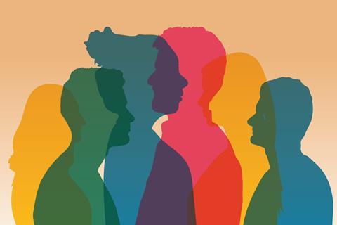 Colourful overlapping silhouettes of different people