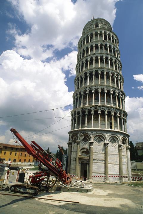 A photo showing the engineering works at the Tower of Pisa