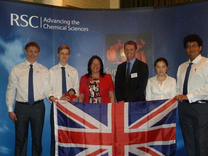 2012 UK Chemistry Olympiad team (from left): Walter Kähm, Thomas Spence, Ella Mi and Callum Bungey. Also pictured are RSC President Lesley Yellowlees and Richard Longden, INEOS (centre).