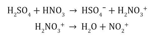 Chemical formula equations showing the preparation of a nitrating solution from sulfuric and nitric acids